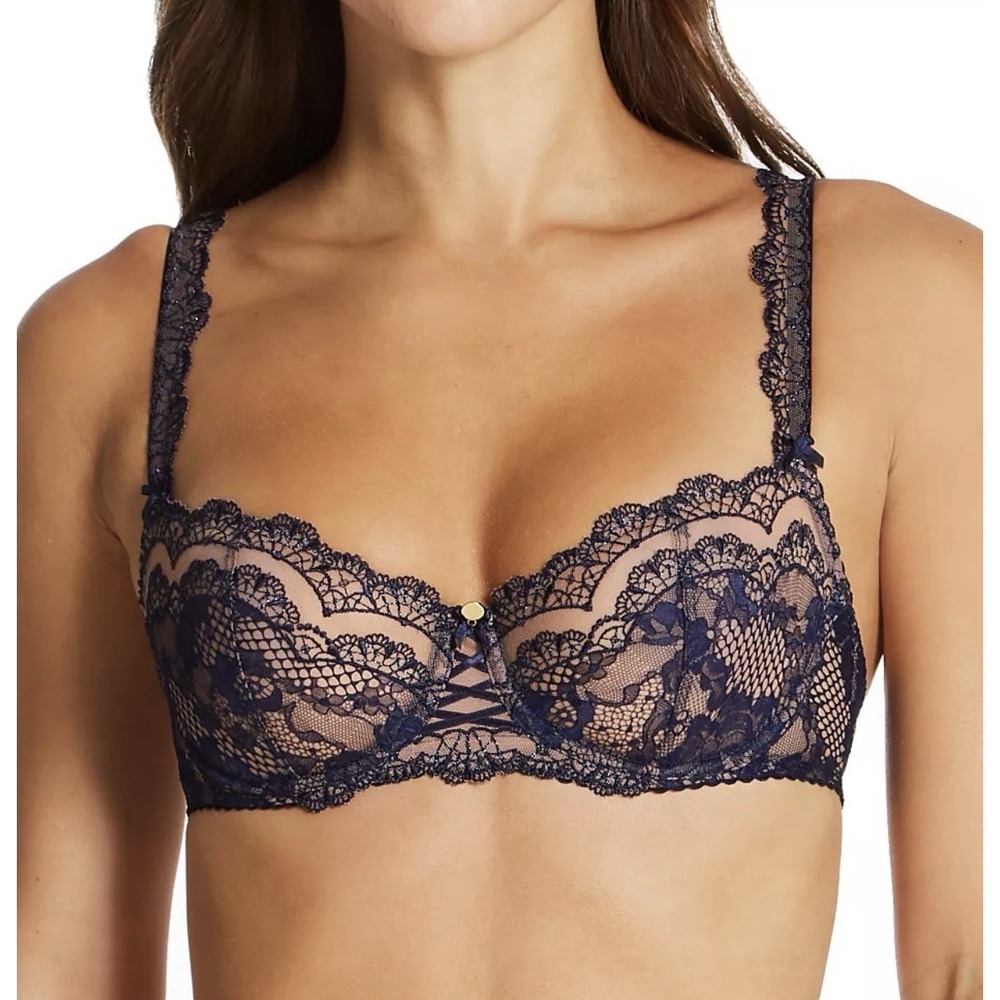 Aubade Soleil Nocturne Half Cup Bra NWT 36F Beige Black Underwire Sheer Lace